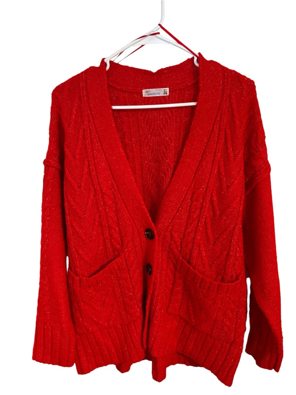 Madison Bright Red Cable-Knit Button Cardigan